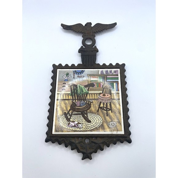 Vintage Eagle Cast Iron Trivets With Hand Painted Tiles Made In Japan - Picture 5 of 9